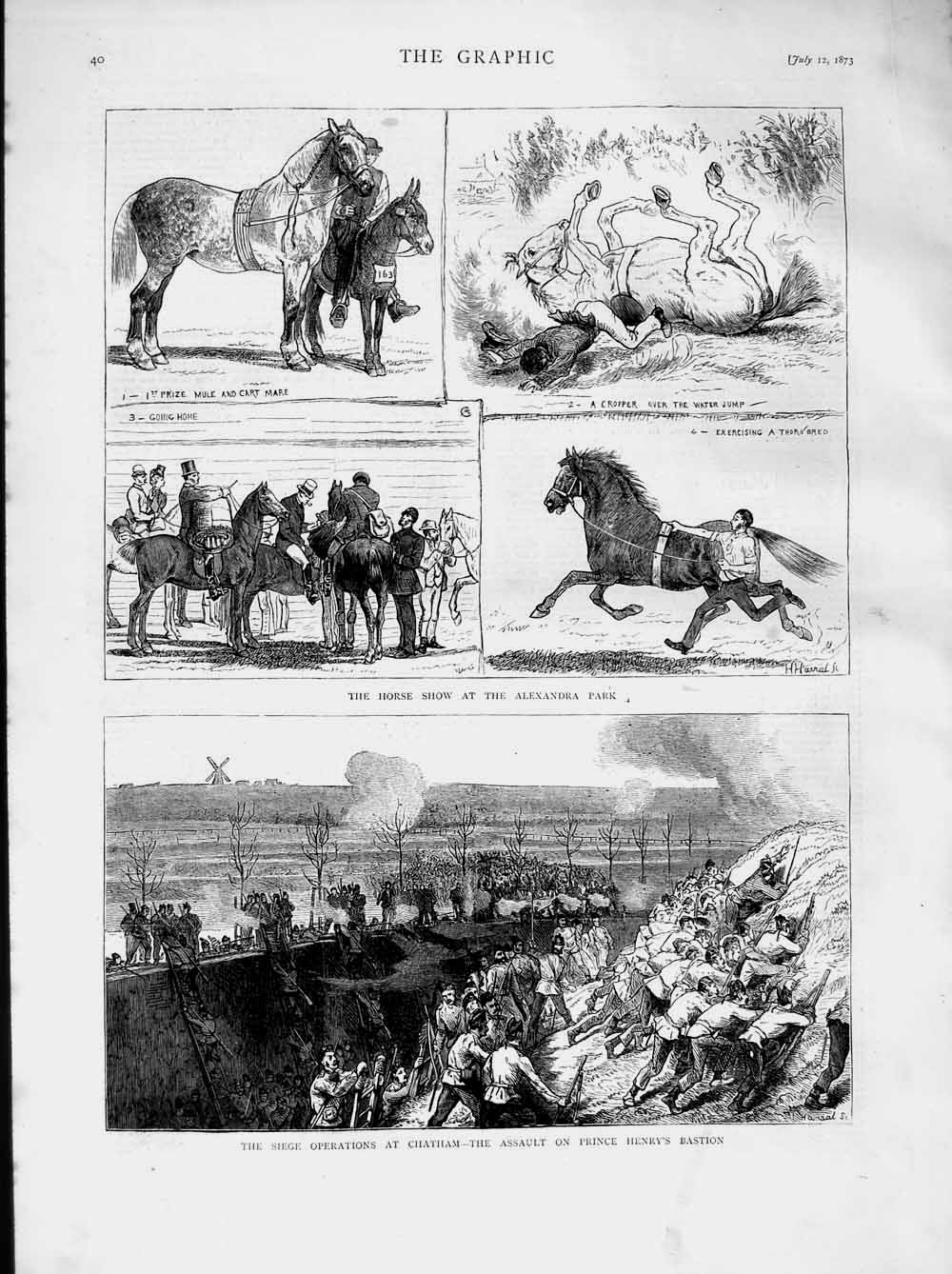 Old Antique Print 1873 Chatham Prince Henry Bastion Alexandria Park Horse 19th