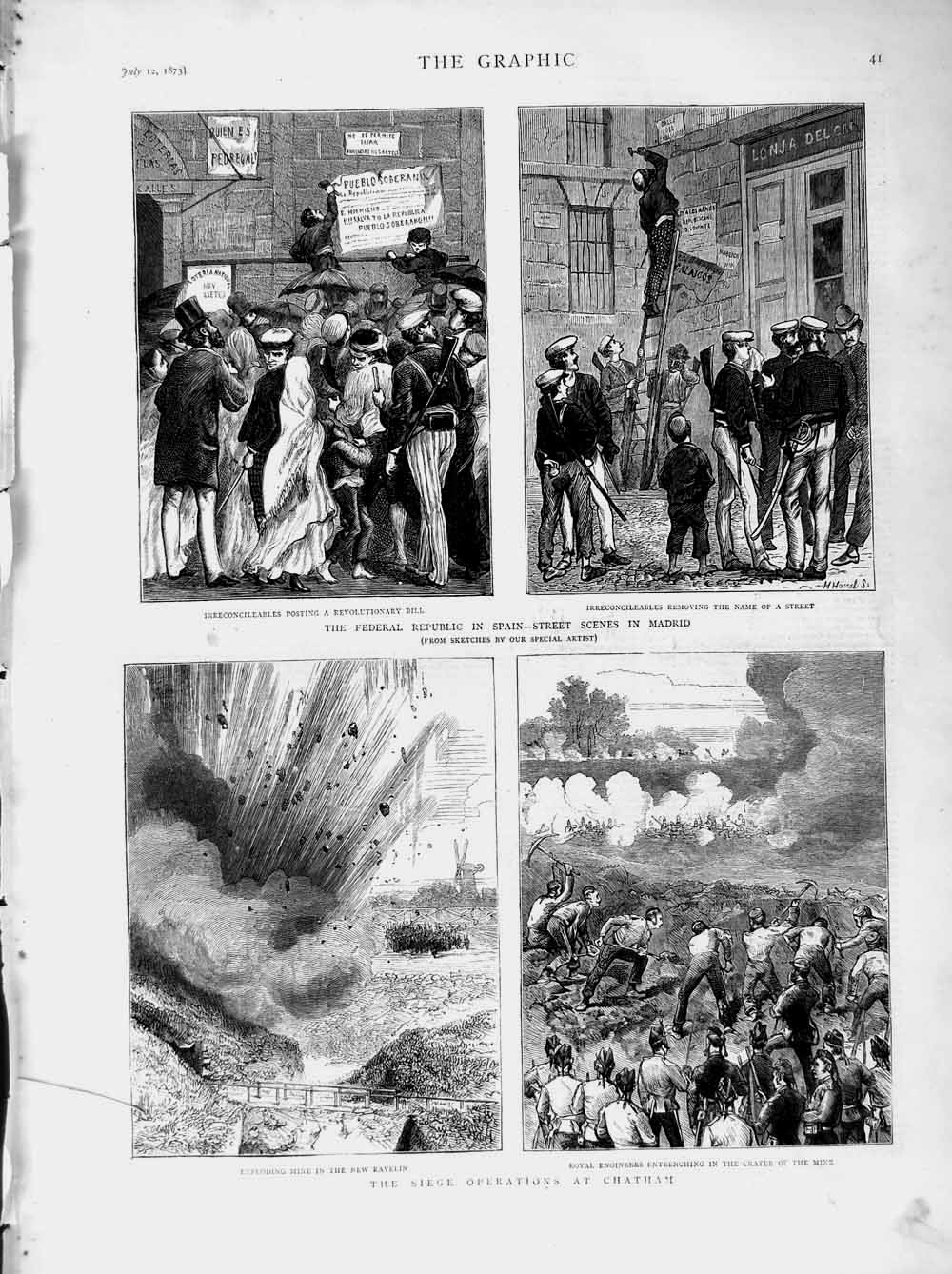 Old Antique Print 1873 Madrid Spain Chatham Exploding Mine Engineers War 19th