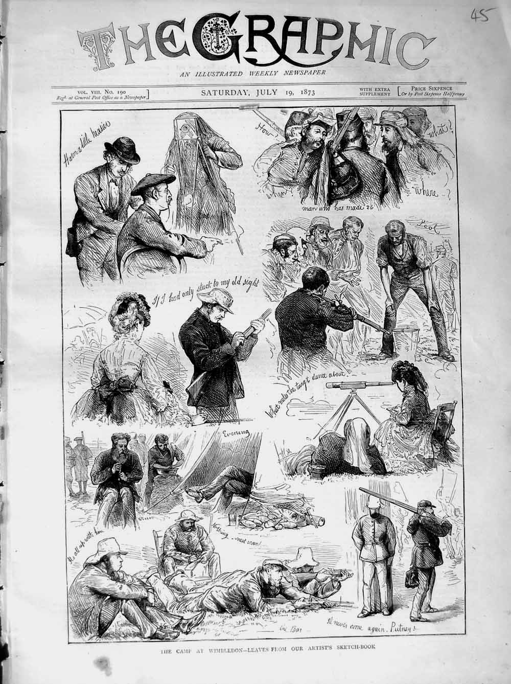 Original Old Antique Print 1873 Rifle Shooting Camp Wimbledon Siers Sport 19th