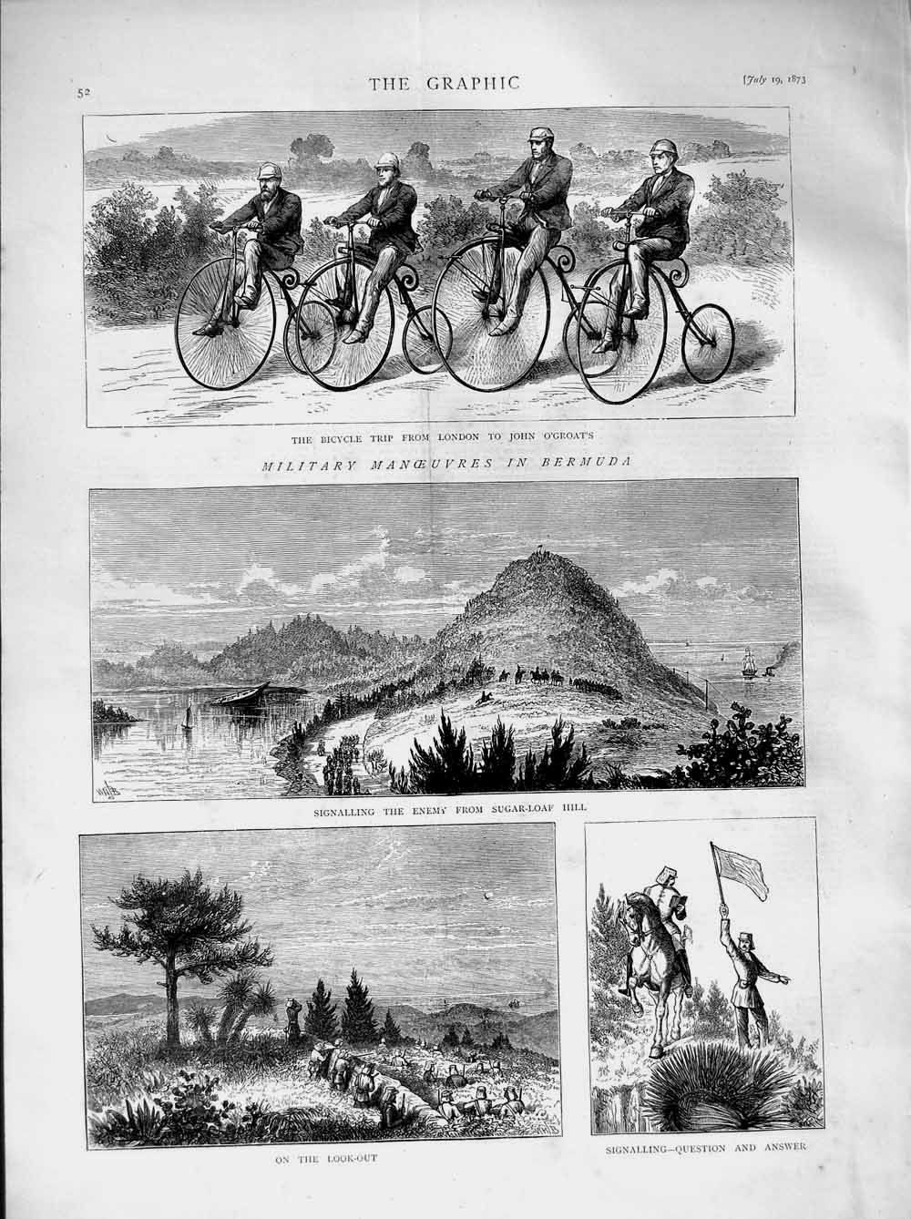 Original Old Antique Print 1873 Siers Bicycle John O'Groats Sugar-Loaf Hill War