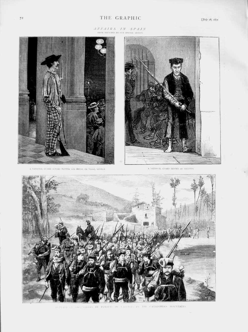 Old Antique Print 1873 Spain Carlist Catalonian Mountains Cordova Seville 19th