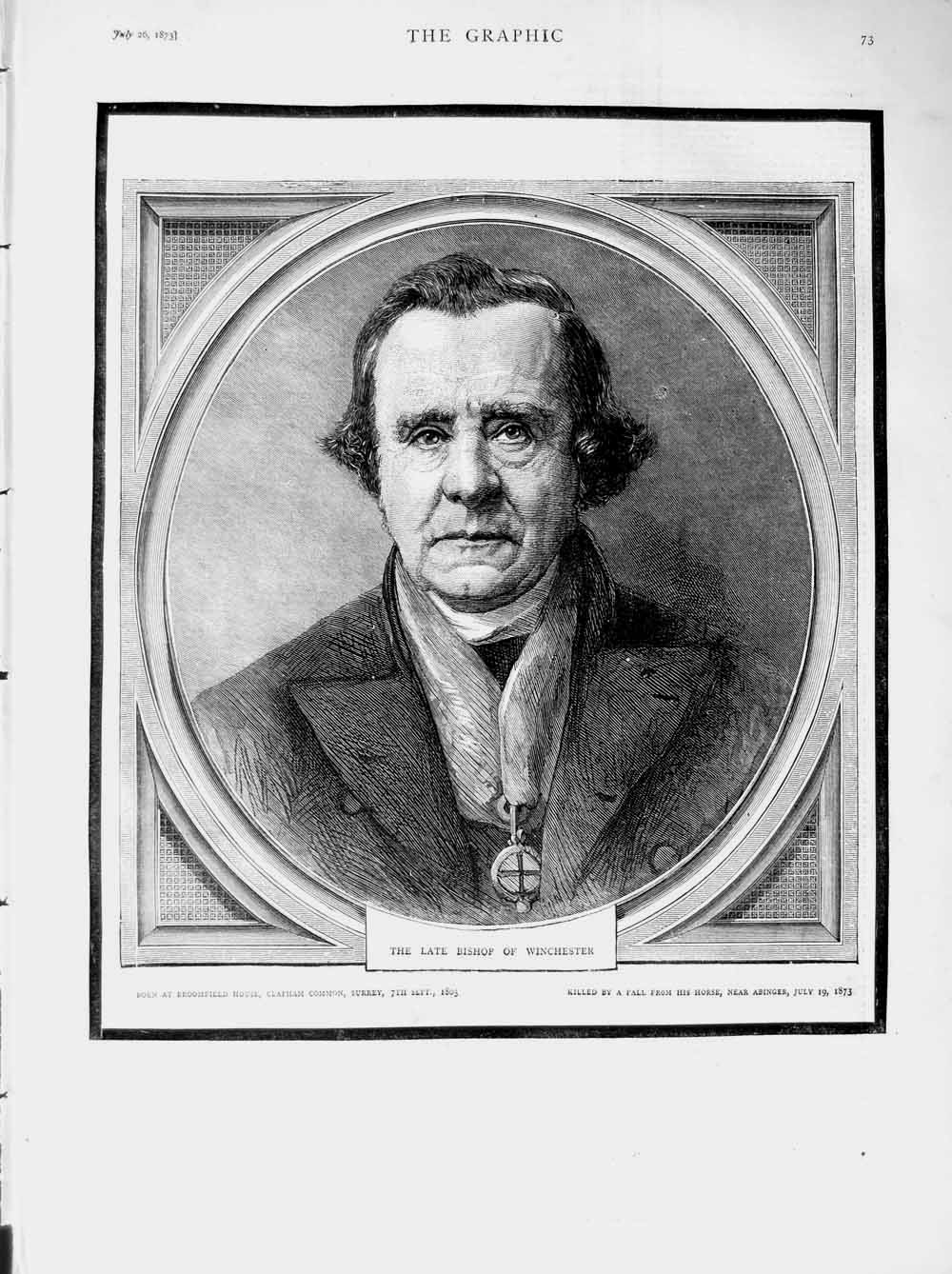Original Old Antique Print 1873 Portrait Bishop Winchester Broomfield Victorian