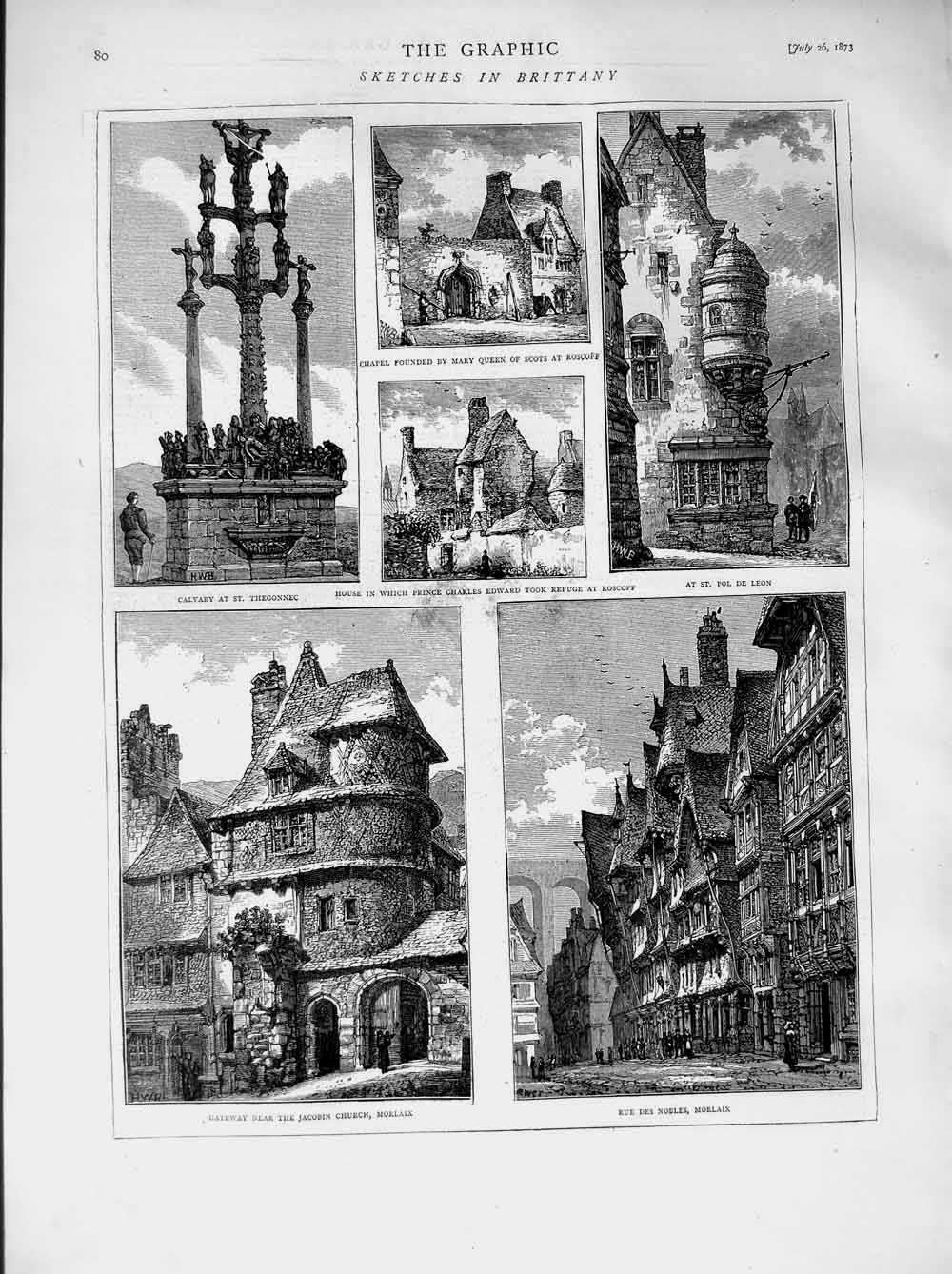 Old Antique Print 1873 Brittany France Thegonnec Church Morlaix Roscoff 19th