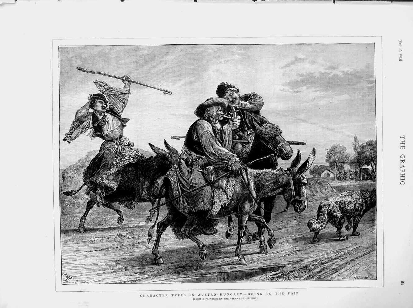 Original Old Antique Print 1873 Characters Austro-Hungary Donkey Men Victorian