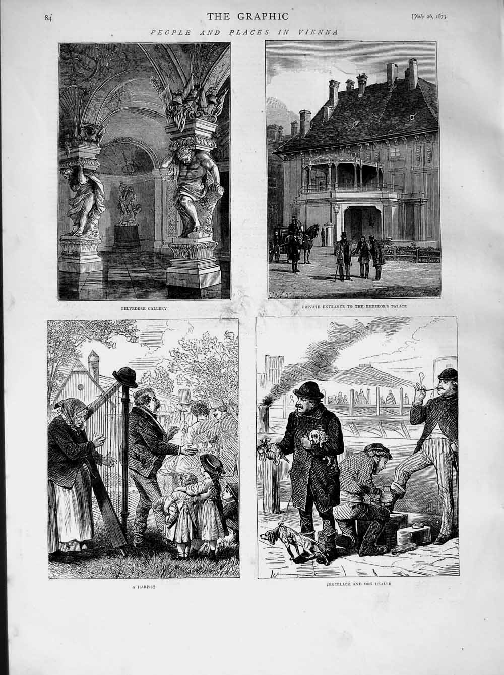 Original Old Antique Print 1873 Vienna Belvedere Gallery Emperor Palace Harpist