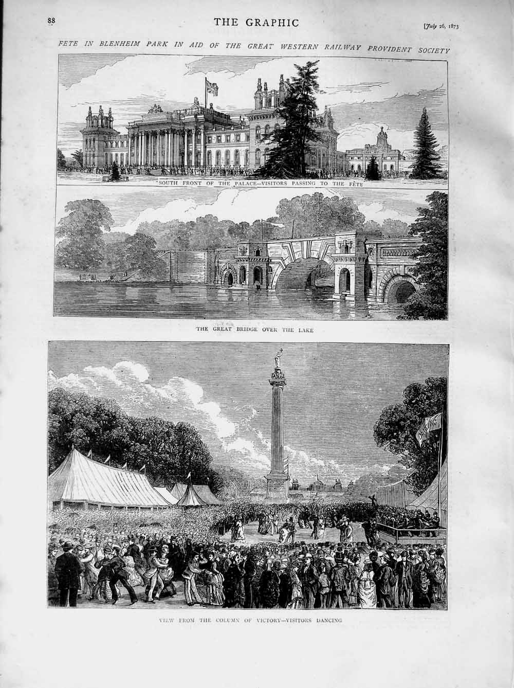Old Antique Print 1873 Fete Blenheim Park Bridge Palace Railway Provident 19th