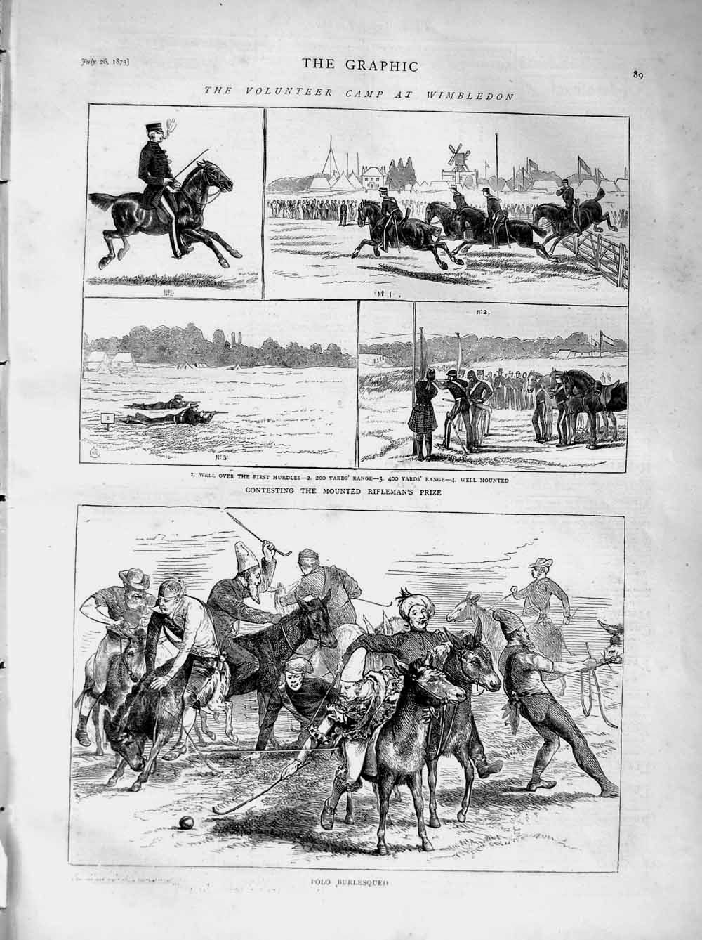 Original Old Antique Print 1873 Volunteer Camp Siers Wimbledon Polo Riflemen