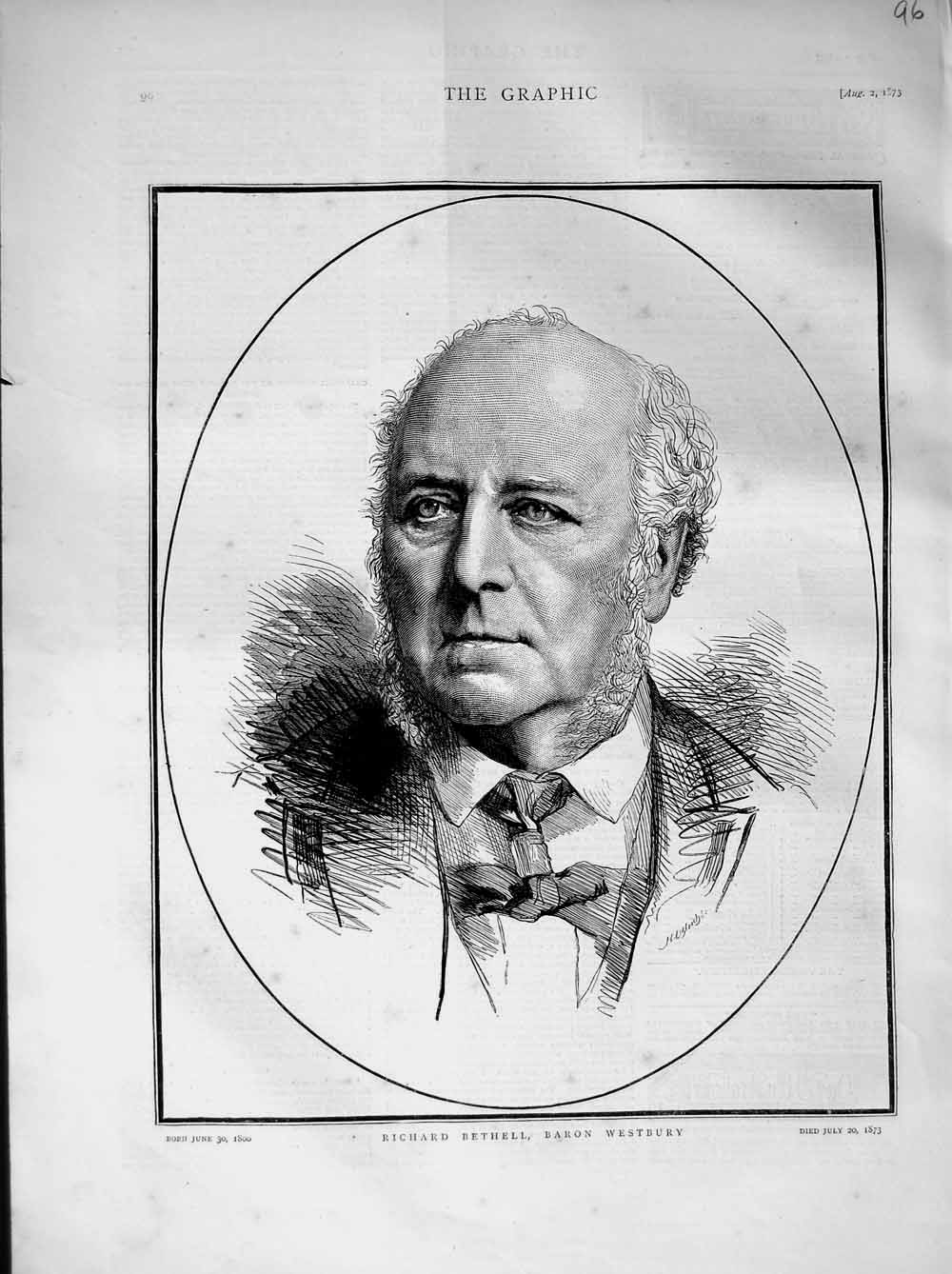 Original Old Antique Print 1873 Portrait Richard Bethell Baron Westbury 19th