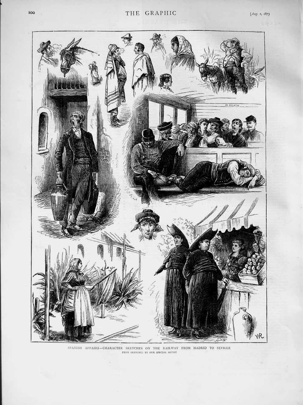 Original Old Antique Print 1873 Spain Character Sketches Railway Madrid Seville