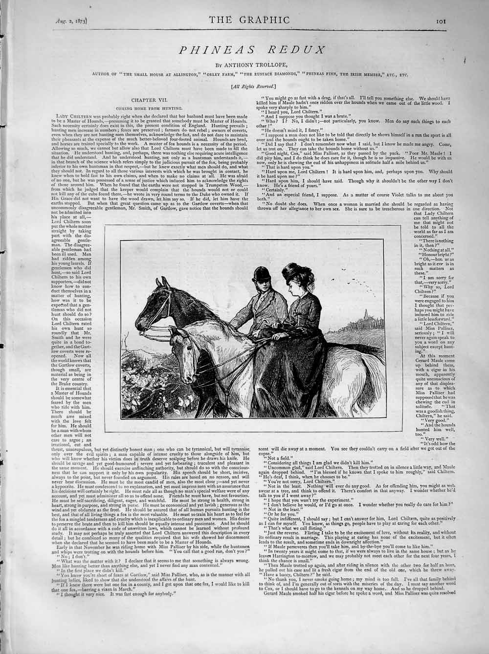 Old Antique Print 1873 Illustration Story Phineas Redux Lady Man Horses 19th