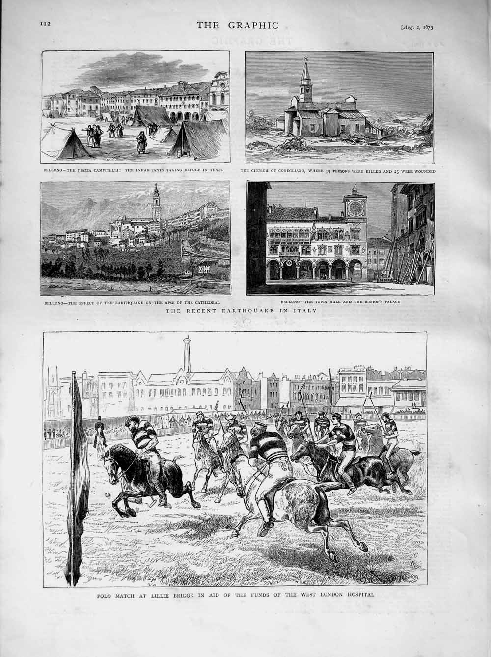Old Antique Print 1873 Polo Lillie Bridge Horses Earthquake Italy Church 19th