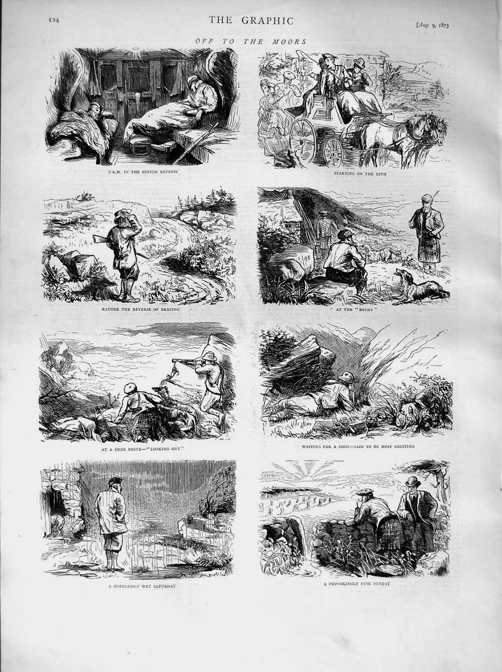 Original Old Antique Print 1873 Railway Train Moors Deer Hunting Bothy Shooting