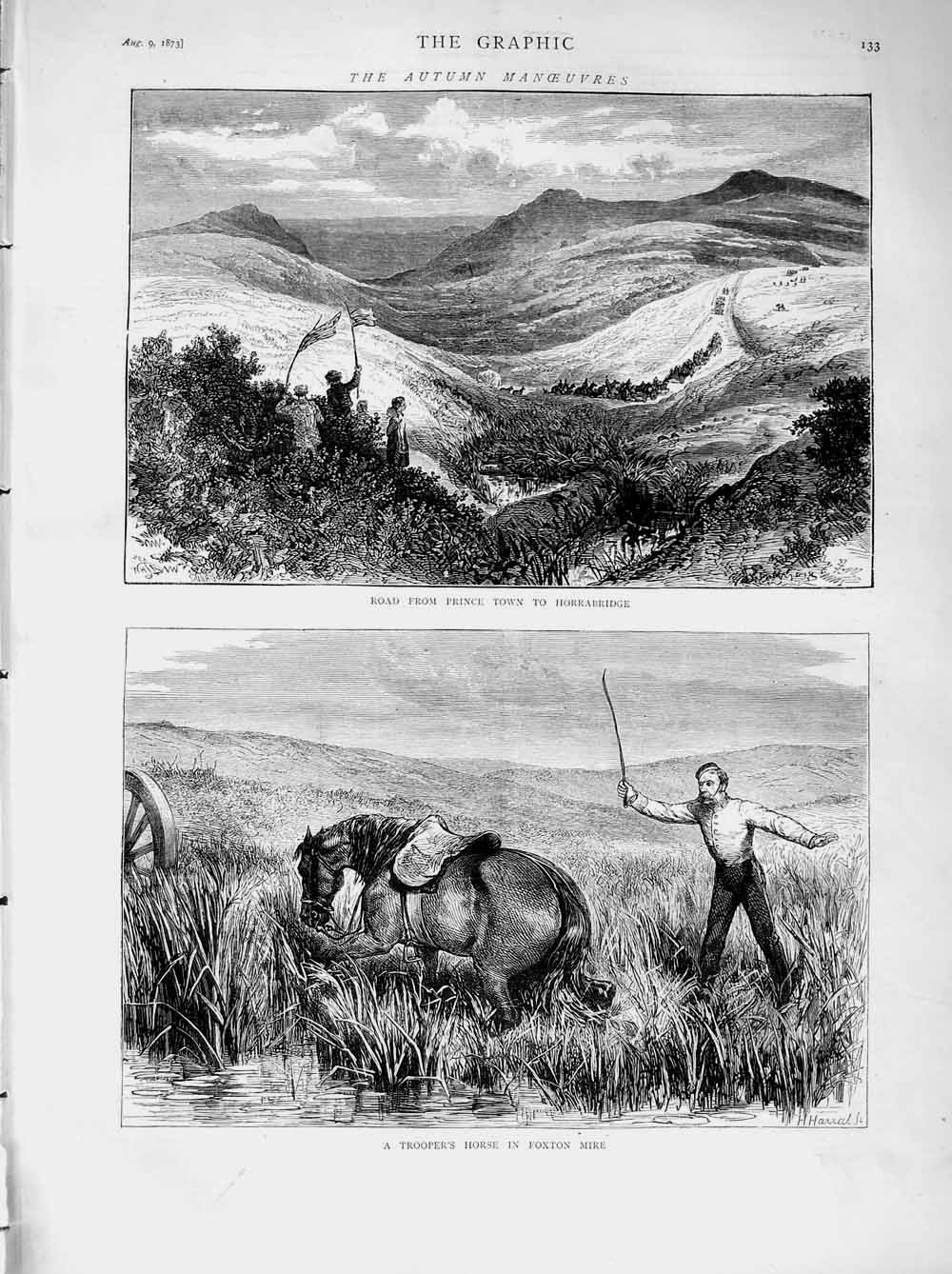 Original Old Antique Print 1873 Prince Town Horrabridge Horse Foxton Mire Sier