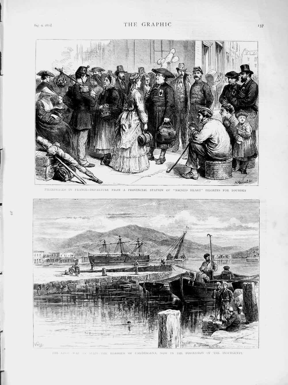 Original Old Antique Print 1873 War Spain Harbour Carthagena Pilgrims Lourdes