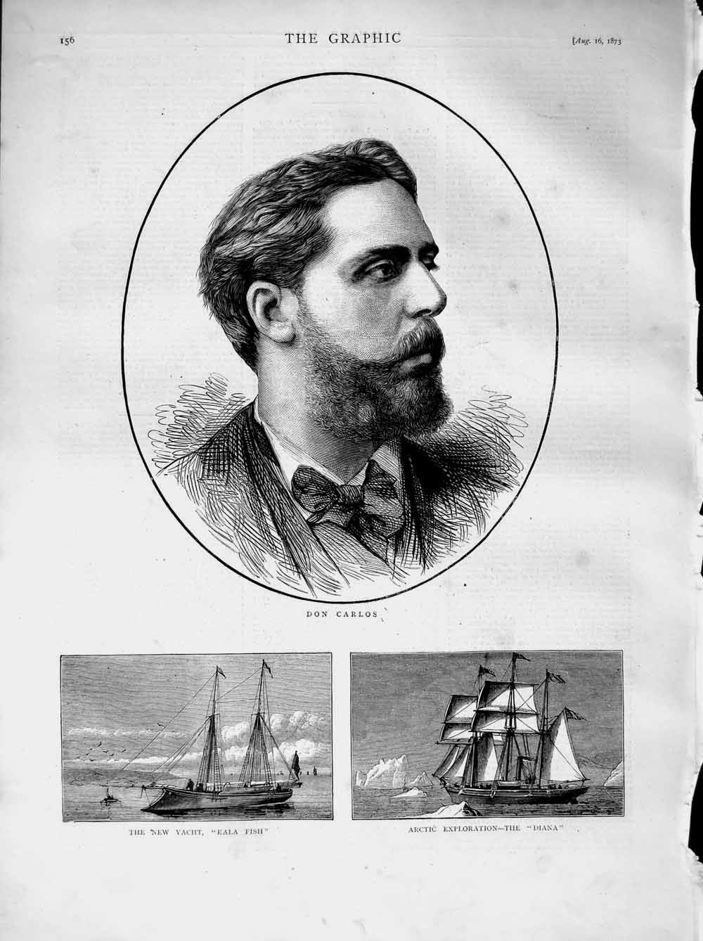 Original Old Antique Print 1873 Portrait Don Carlos Yacht Kala Fish Diana Ship