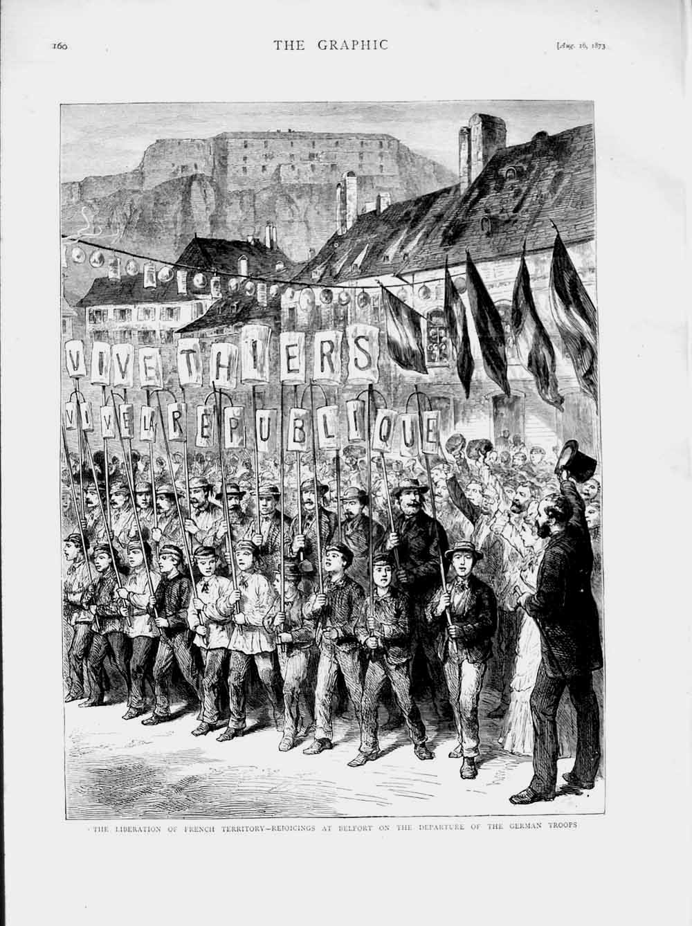 Original Old Antique Print 1873 Liberation French Territory Belfort German Sier