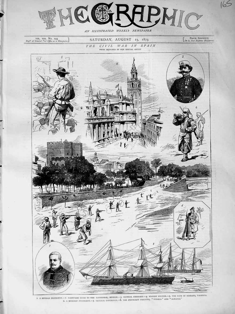 Original Old Antique Print 1873 Civil War Spain Cathedral Seville Ship Pierrard