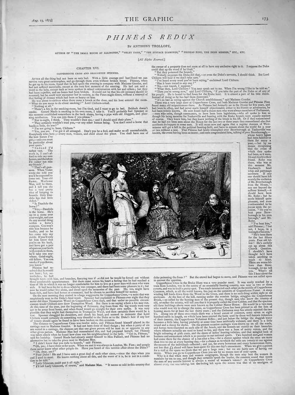 Original Old Antique Print 1873 Illustration Story Phineas Redux Picnic Country