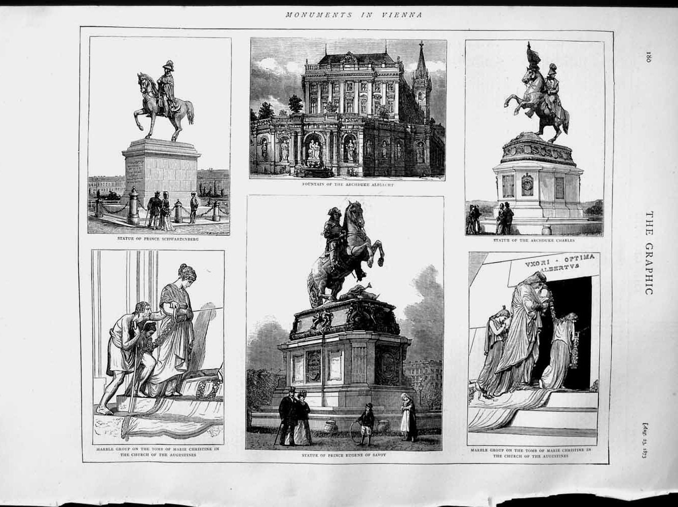 Old Antique Print 1873 Vienna Statue Eugene Fountain Albrecht Christine 19th