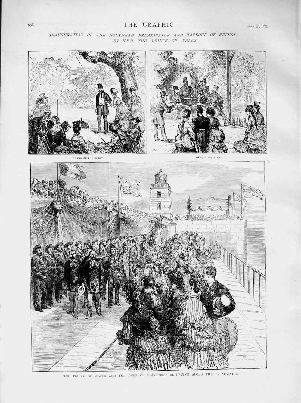 Original Old Antique Print 1873 Prince Wales Duke Holyhead Harbour Breakwater