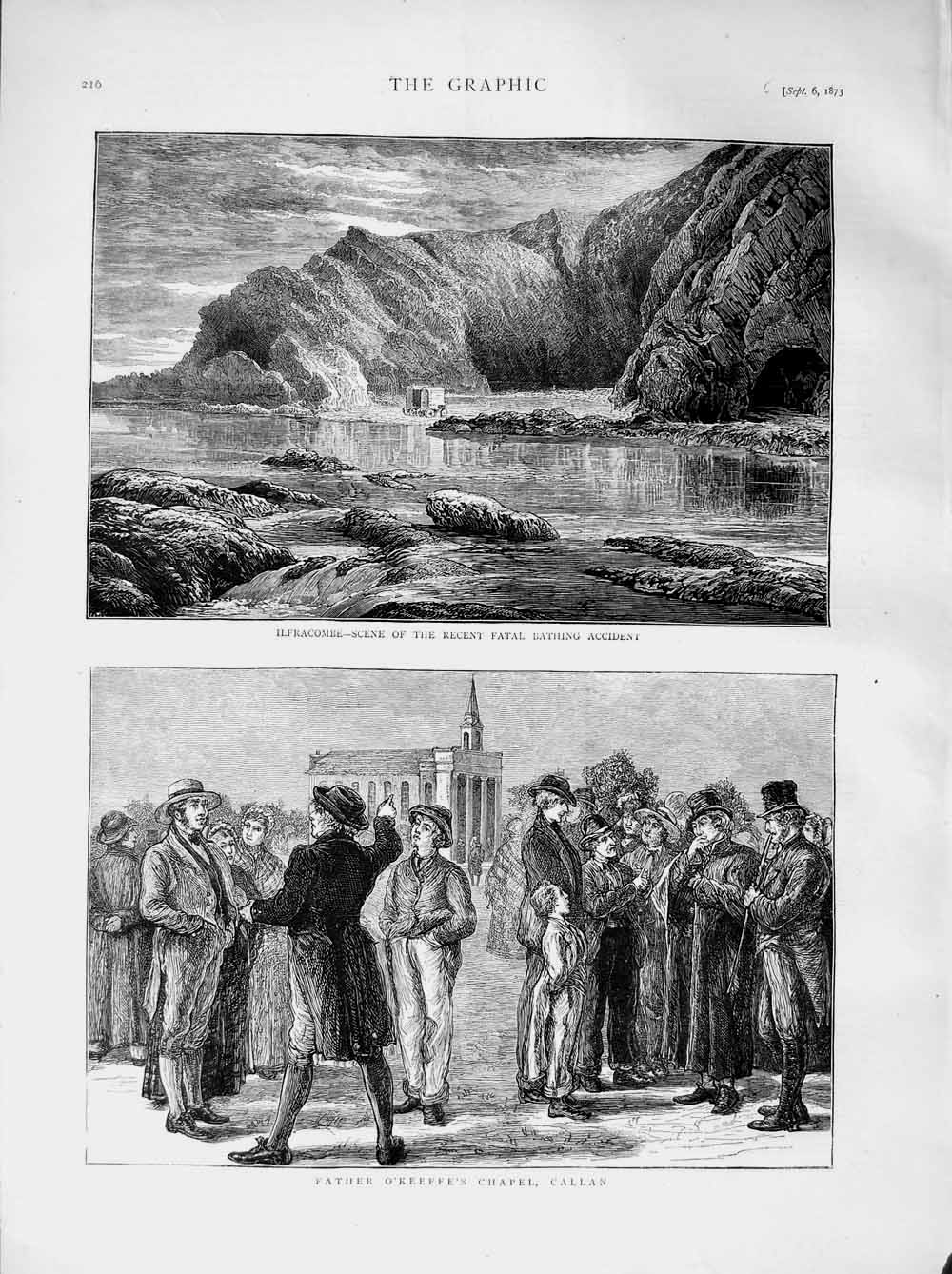 Old Antique Print 1873 Ilfracombe Wales Father O'Keeffe'S Chapel Callan 19th