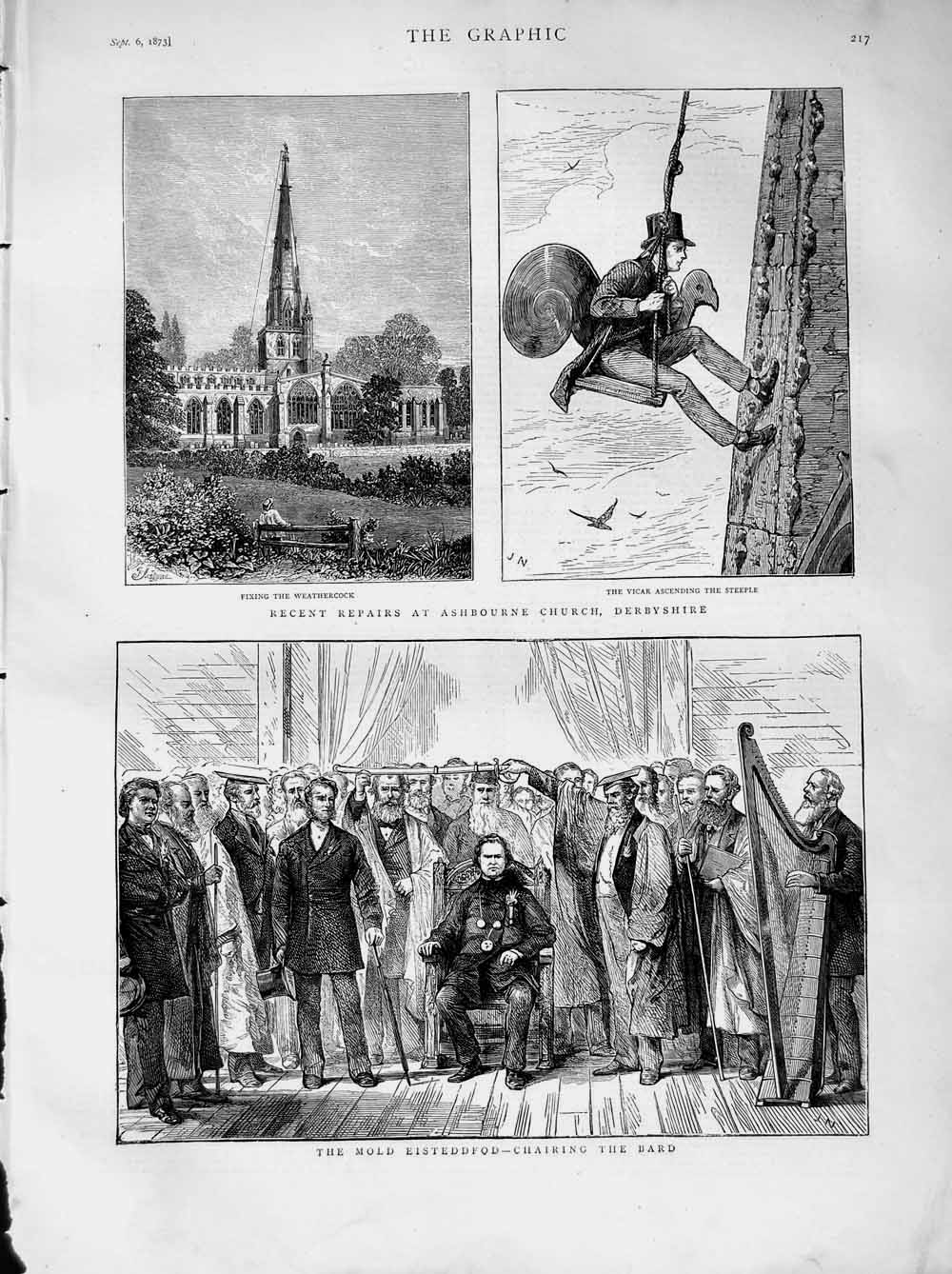 Original Old Antique Print 1873 Ashbourne Church Derbyshire MEisteddfod Bard