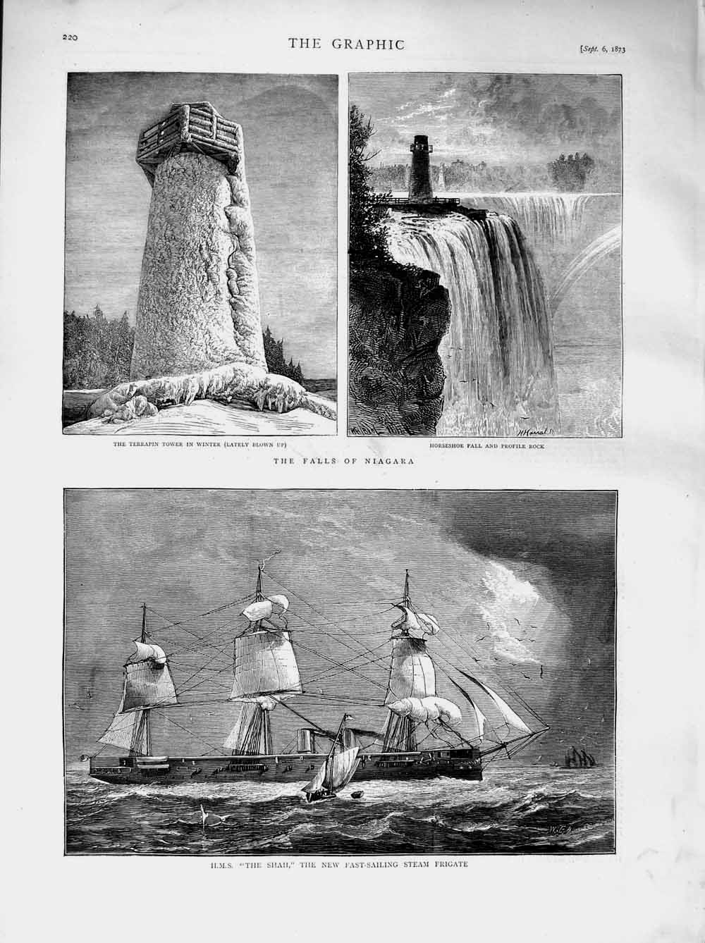 Original Old Antique Print 1873 Falls Niagara Terrapin Tower Ship Shah Frigate