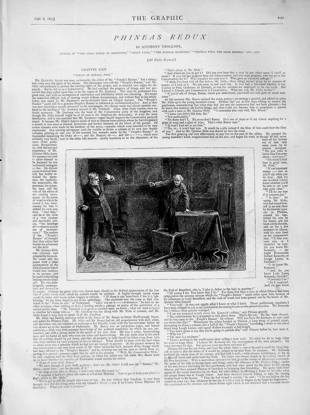 Old Antique Print 1873 Illustration Story Phineas Redux Men Table Fight 19th