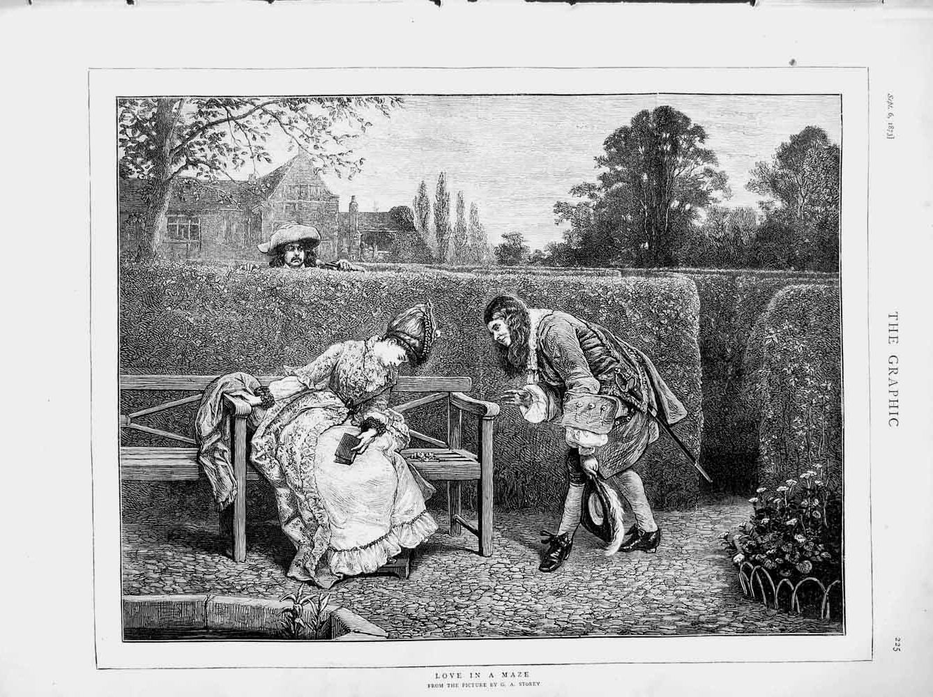 Original Old Antique Print 1873 Love Maze Man Woman Romance Garden Victorian