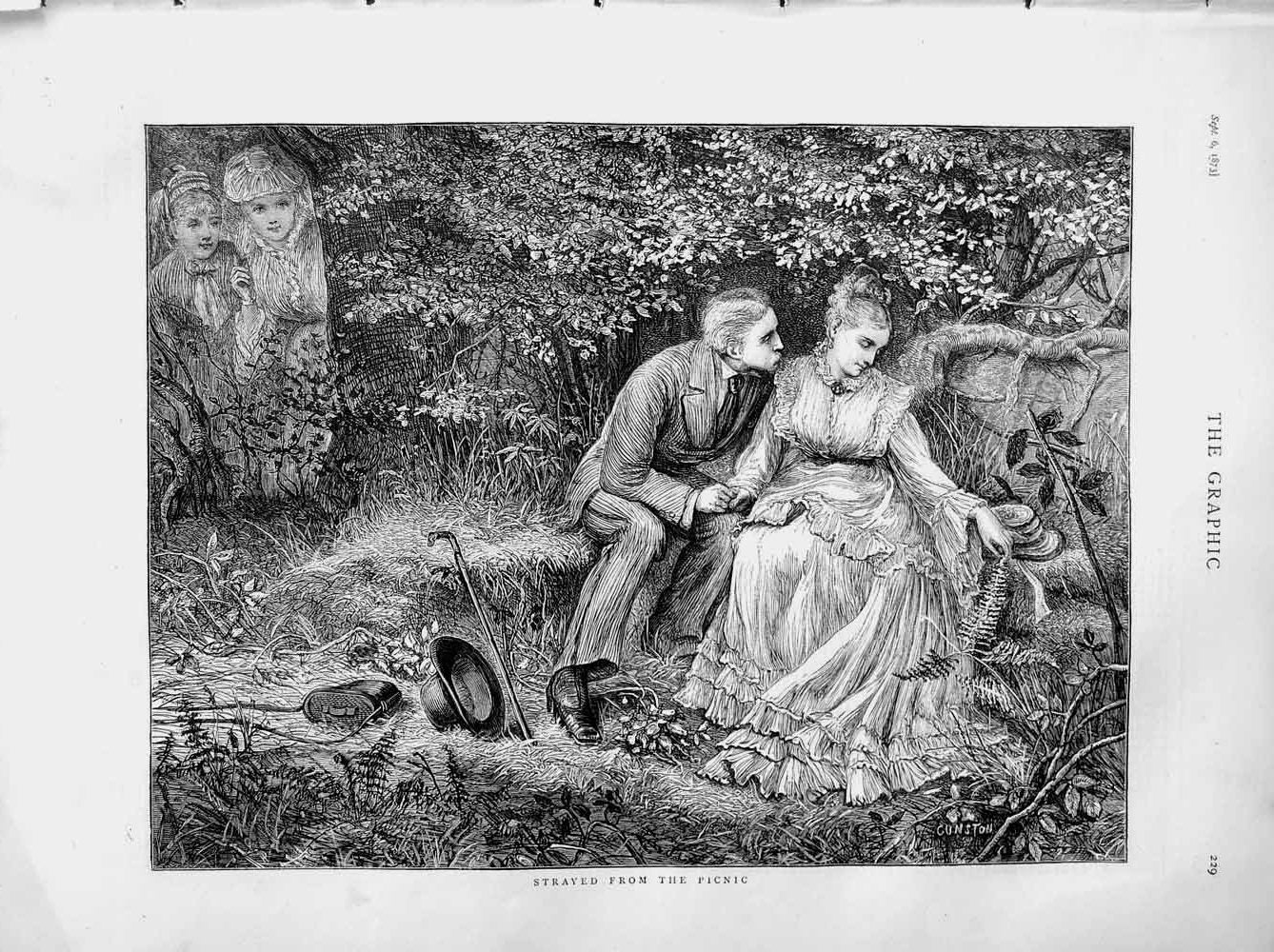 Original Old Antique Print 1873 Fine Art Picnic Man Woman Romance Country Trees