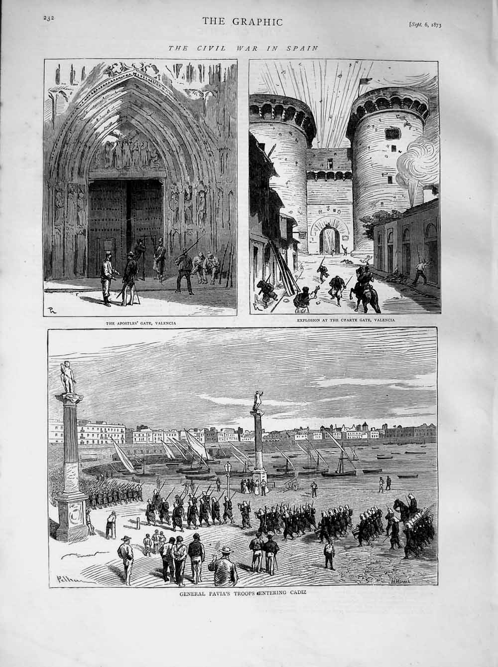 Old Antique Print 1873 War Spain General Pavia Cadiz Cuarte Valencia Gate 19th