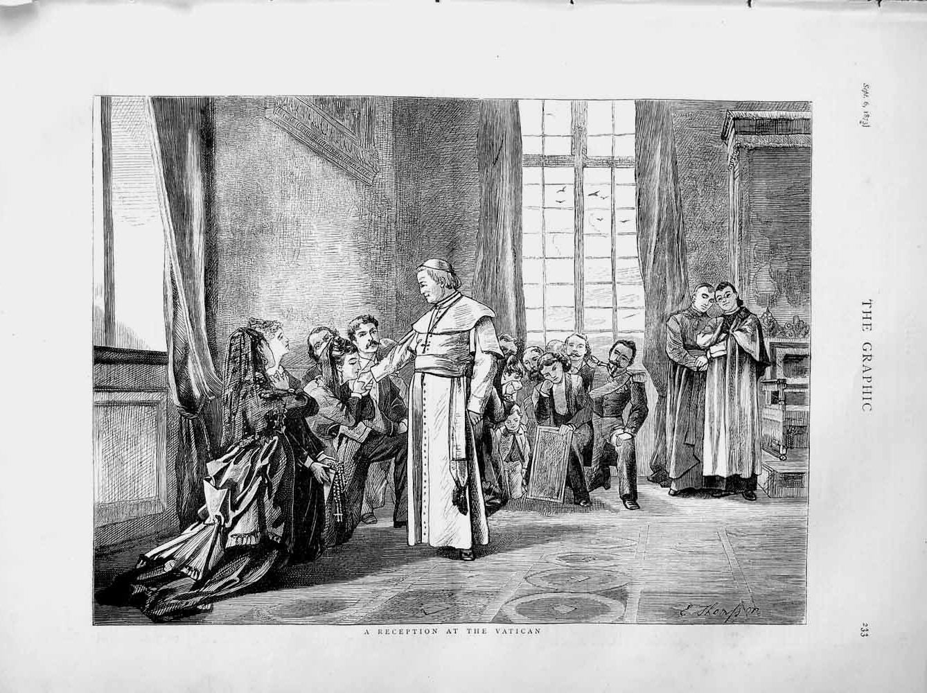 Original Old Antique Print 1873 Scene Reception Vatican Rome Italy Pope 19th