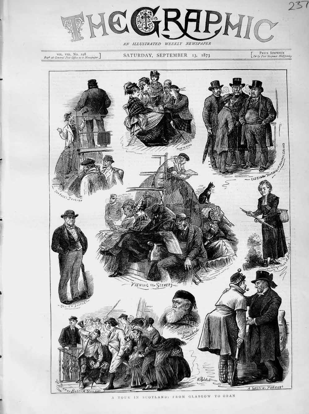 Original Old Antique Print 1873 Scotland Tourist Oban Glasgow Kilts Transport