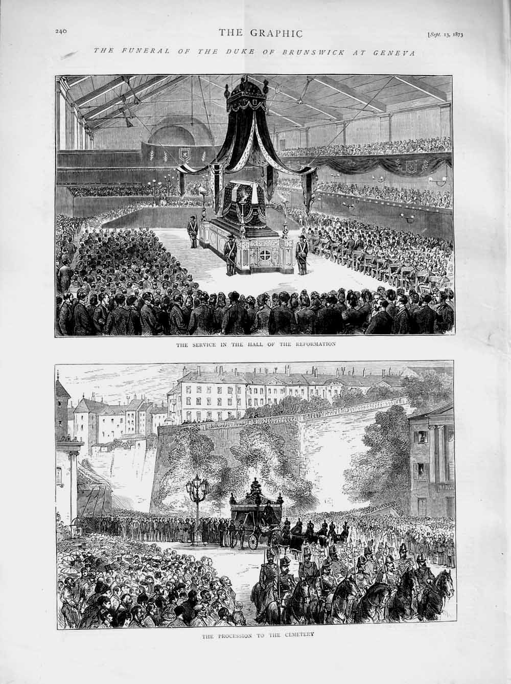 Original Old Antique Print 1873 Funeral Duke Brunswick Geneva Hall Reformation
