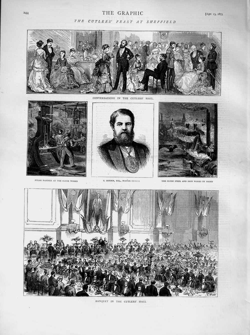 Old Antique Print 1873 Sheffield Cutler'S Hall Banquet Clyde Steel Osborn 19th