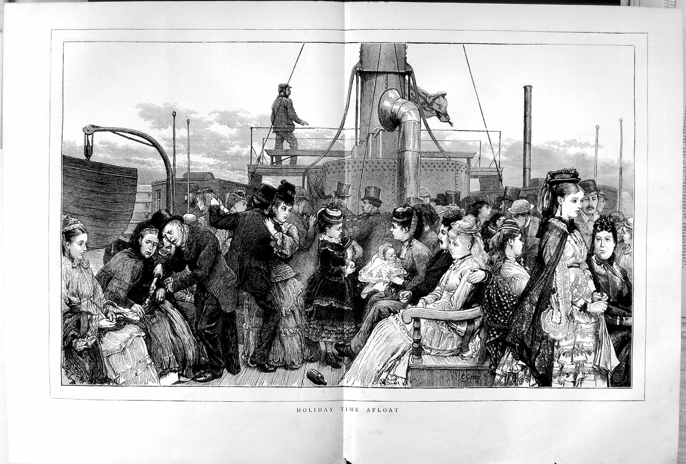 Original Old Antique Print 1873 Holiday Tourists Deck Ship Passengers 19th