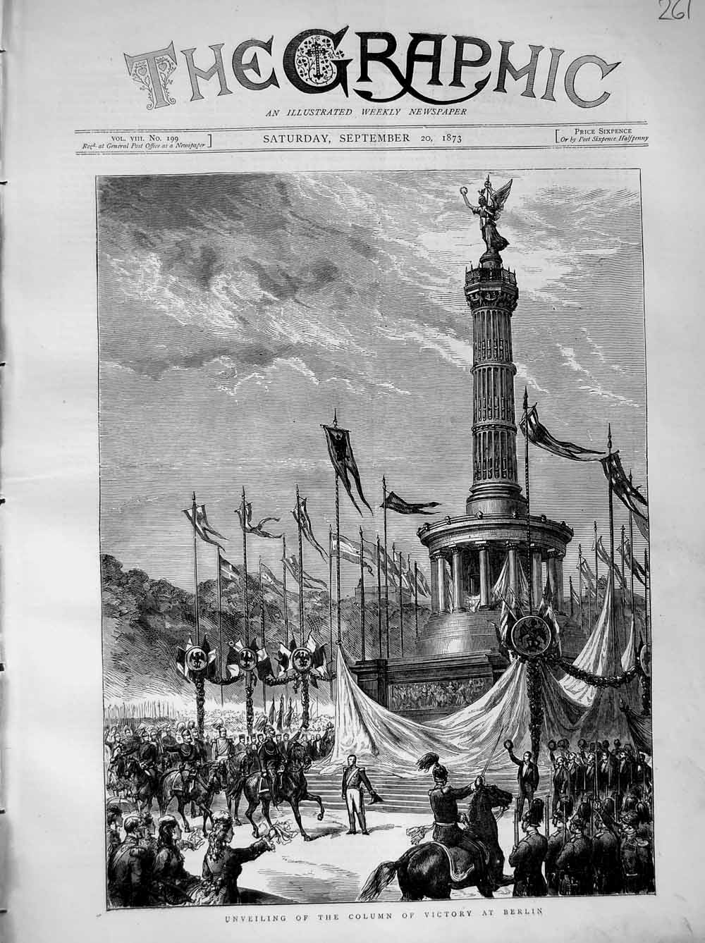 Old Antique Print 1873 Unveiling Column Victory Berlin Germany Statue War 19th