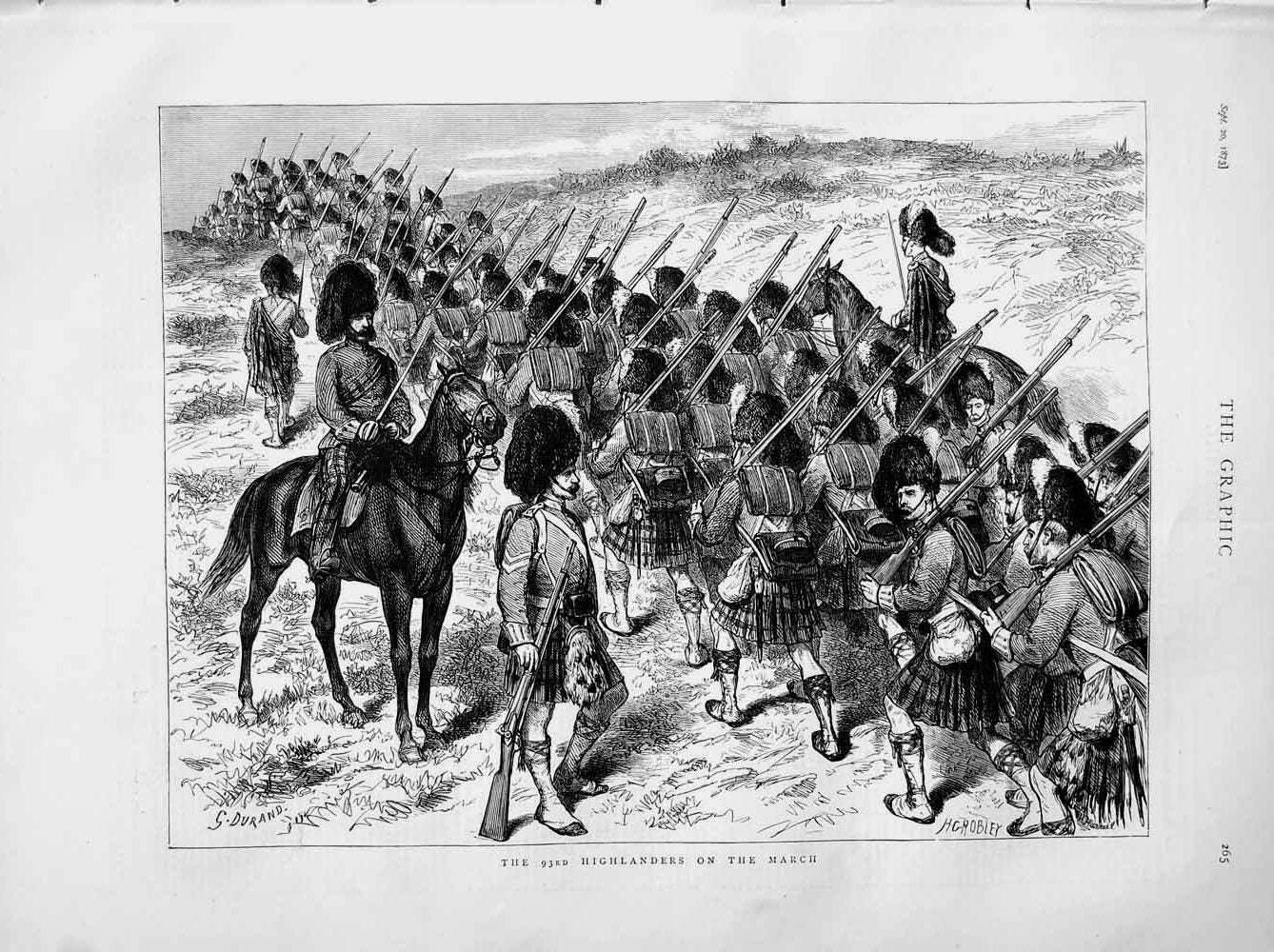 Original Old Antique Print 1873 Siers Highlanders Marching Kilts Horse Scottish