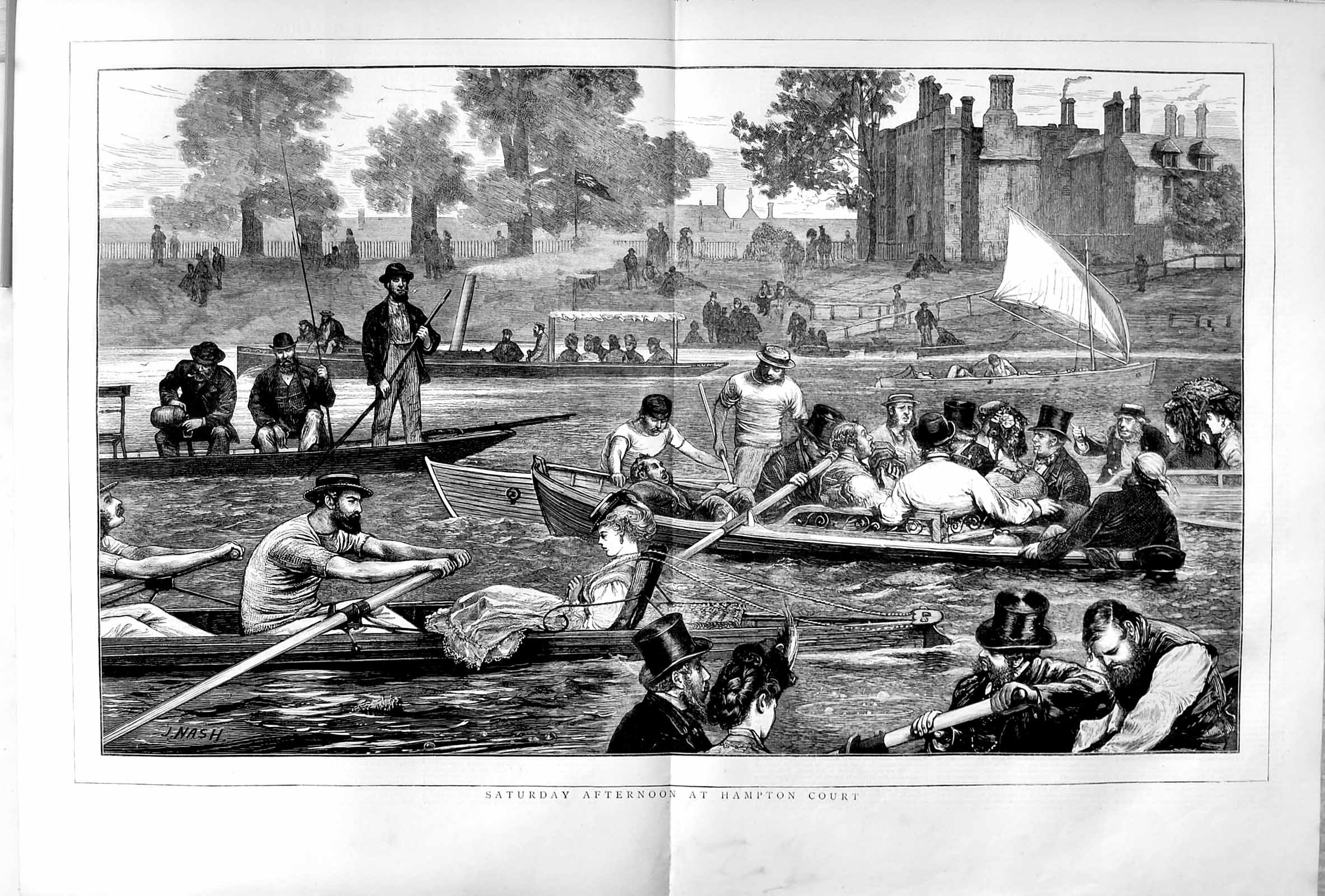 Old Antique Print 1873 Hampton Court Palace London River Boats Fine Art 19th