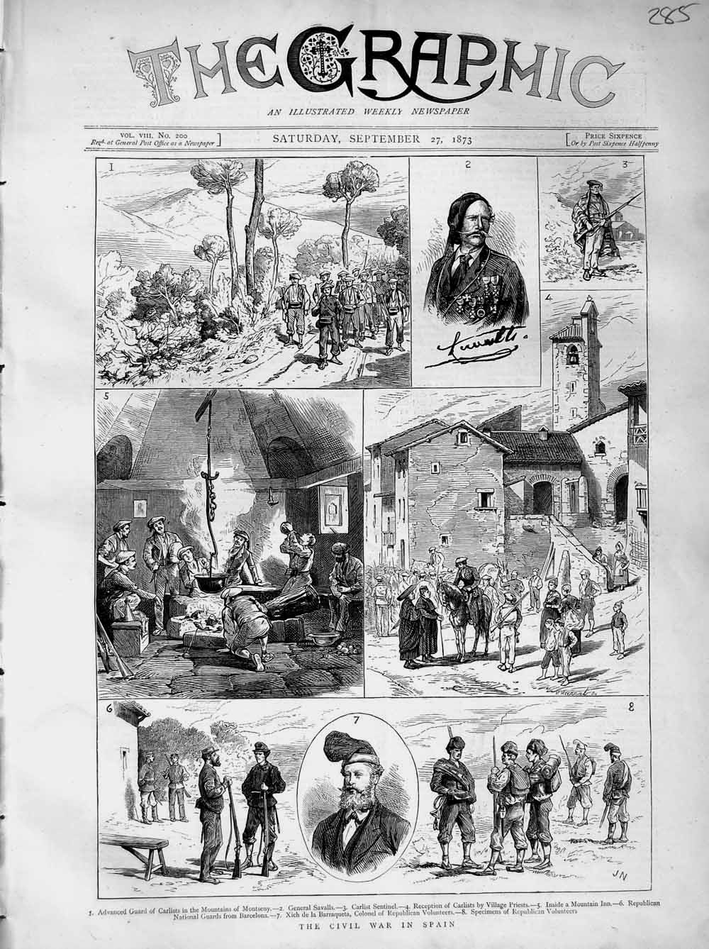 Original Old Antique Print 1873 Civil War Spain Carlists Savalla Sentinel Siers