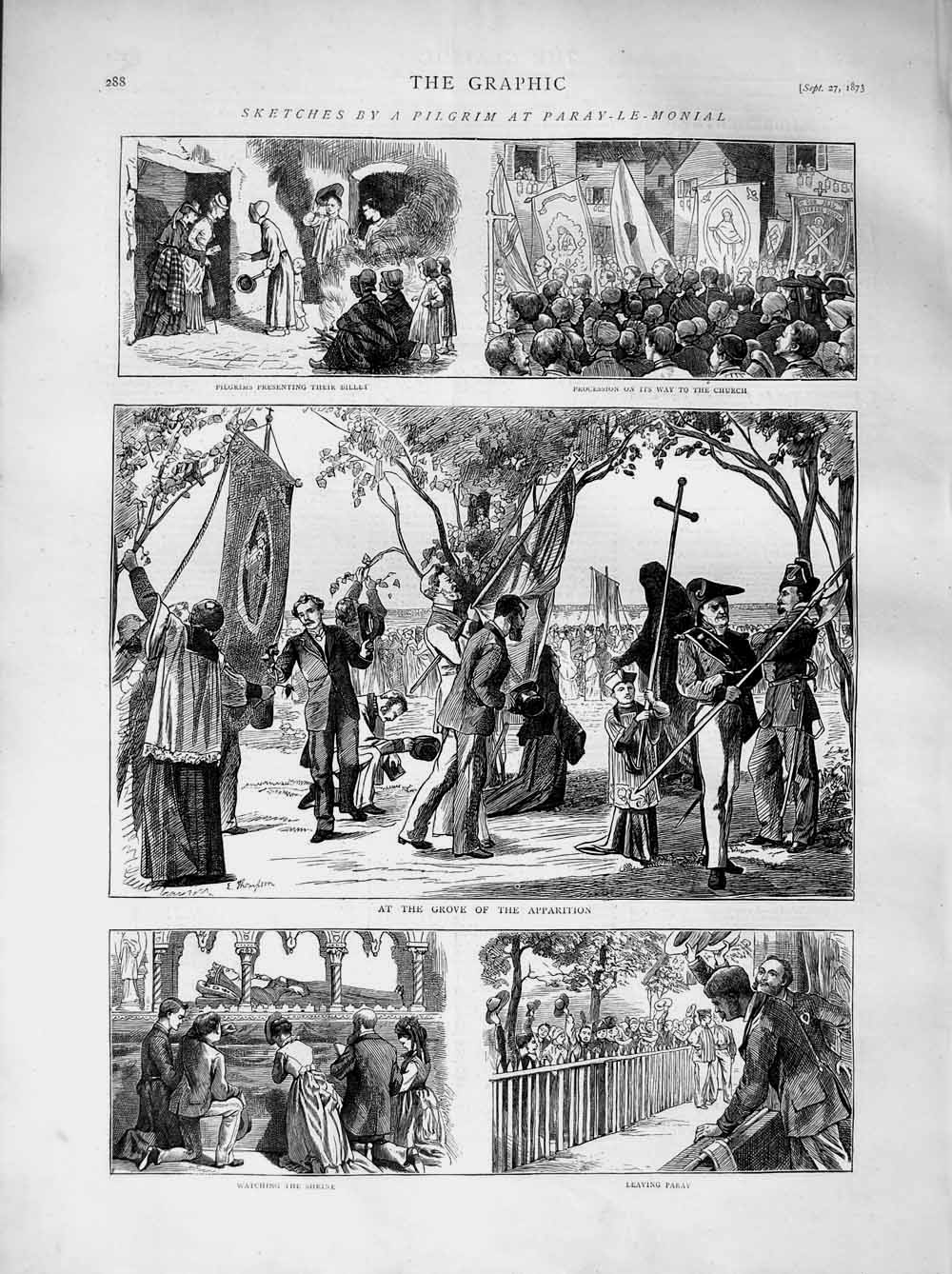 Original Old Antique Print 1873 Paray-Le-Monial Pilgrims Shrine Billet Church
