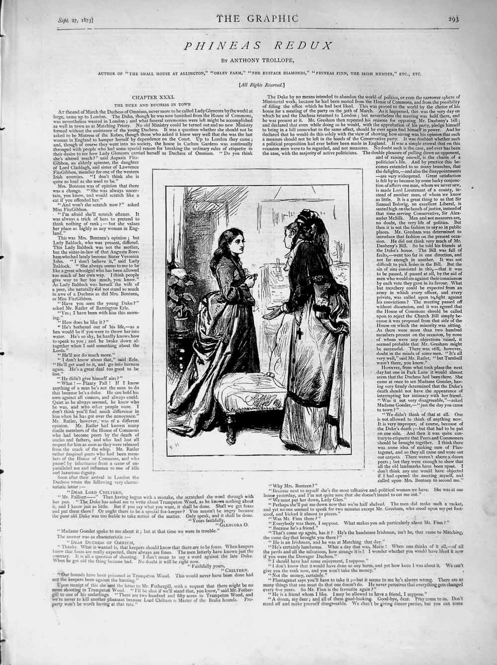 Antique Old Print Ref.186 1873 Illustration Story Phineas Redux Ladies Women