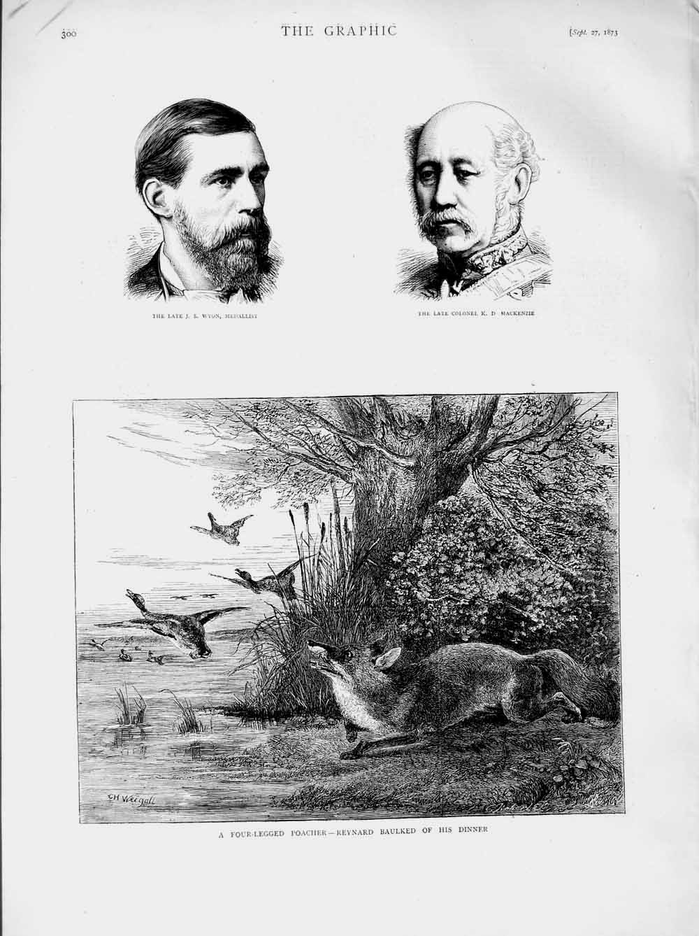 Old Antique Print 1873 Fox Ducks Hunting Wyon Colonel Mackenzie Portrait 19th