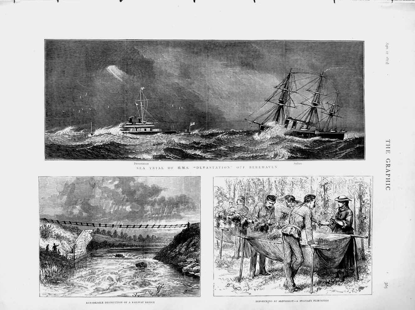 Original Old Antique Print 1873 Ship Devastation Berehaven Railway Bridge Hops