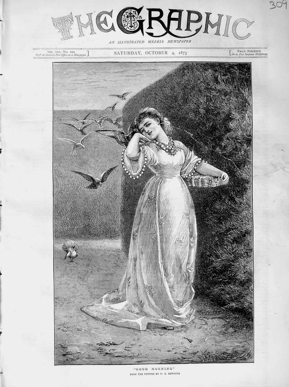 Original Old Antique Print 1873 Edwards Beautiful Lady Birds Garden Victorian