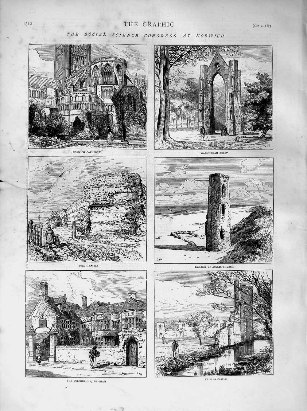 Original Old Antique Print 1873 Norwich Cathedral Walsingham Abbey Burgh Church