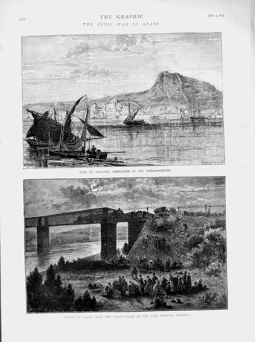 Old Antique Print 1873 Civil War Spain Alicante Bridge Viana Douro Train 19th