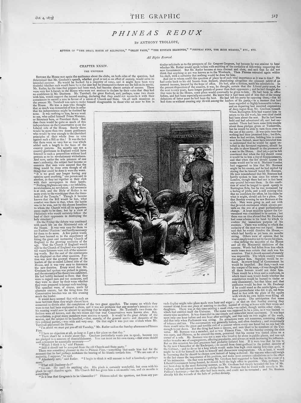 Old Antique Print 1873 Illustration Story Phineas Redux Man Reading Paper 19th