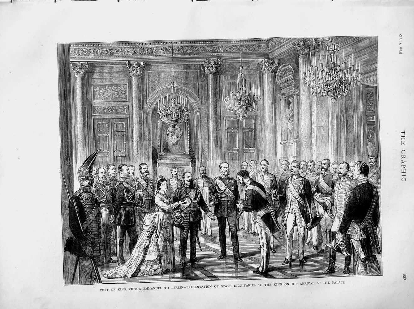Original Old Antique Print 1873 King Victor Emmanuel Berlin Palace Germany 19th