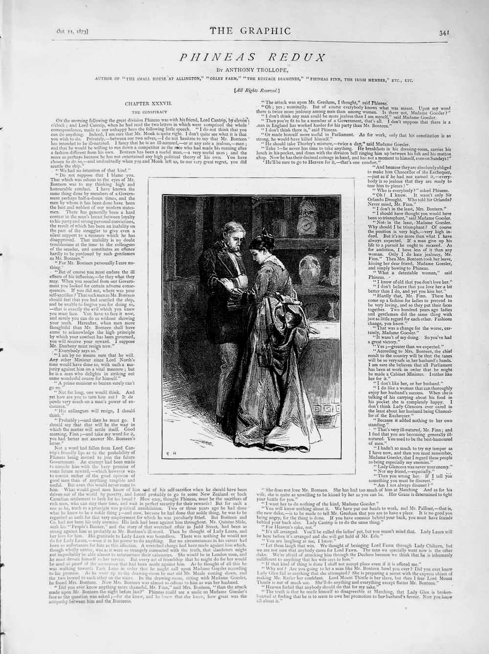 Old Print Ref.185 1873 Illustration Story Phineas Redux Man Woman Romance 19th